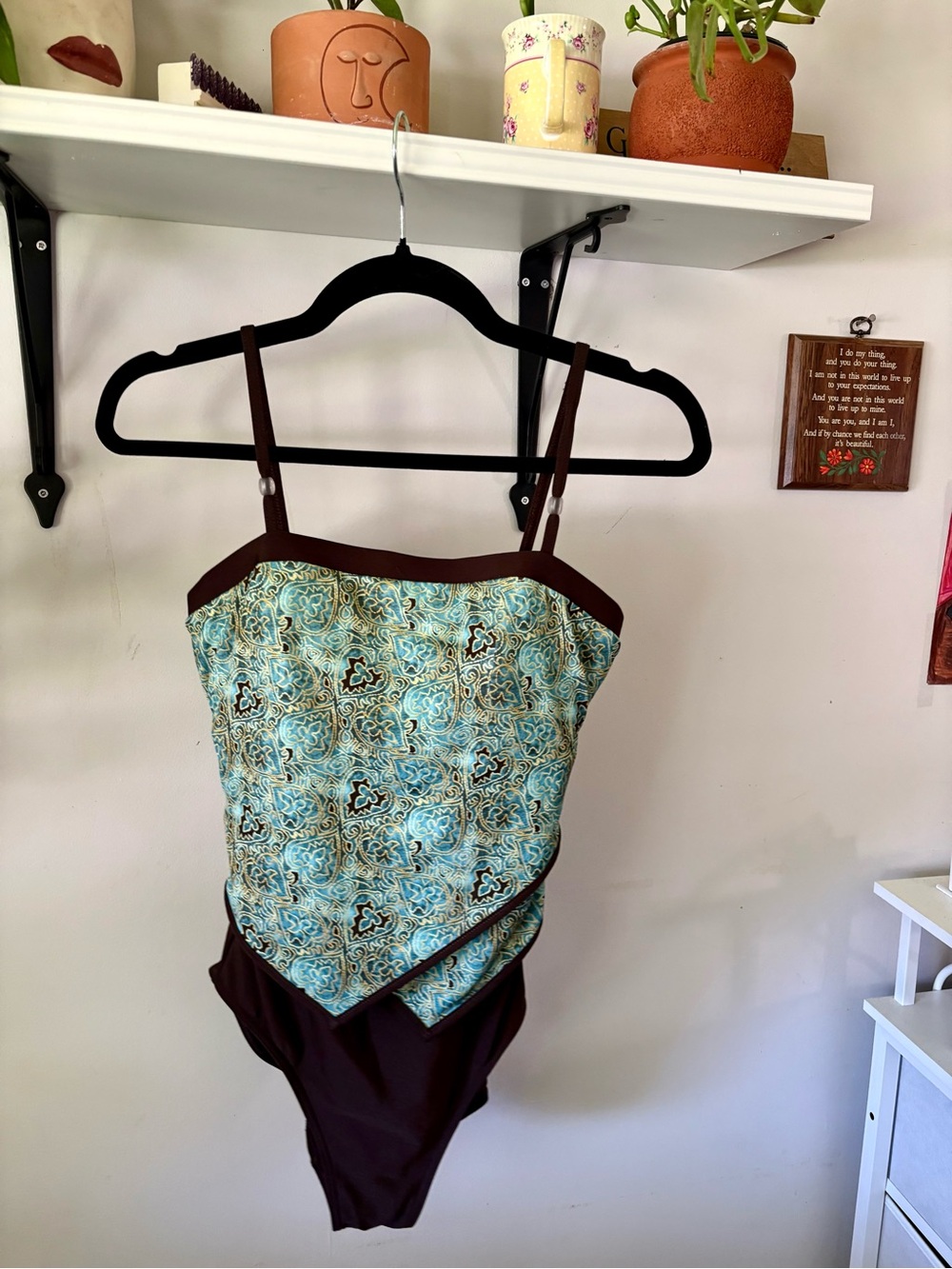 Ladies Two-Tone Brown and Aqua Pattern One-Piece Swimsuit